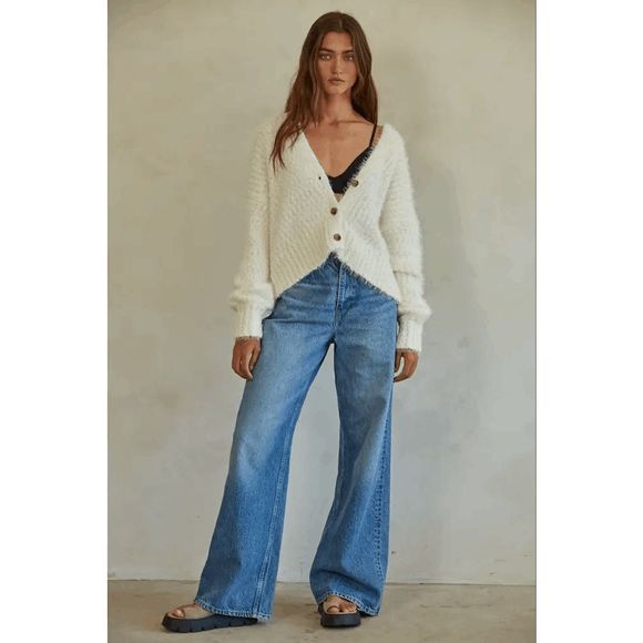 Ivory Sweater Button Down V-Neck Long Sleeve Cardigan - Picture 3 of 3